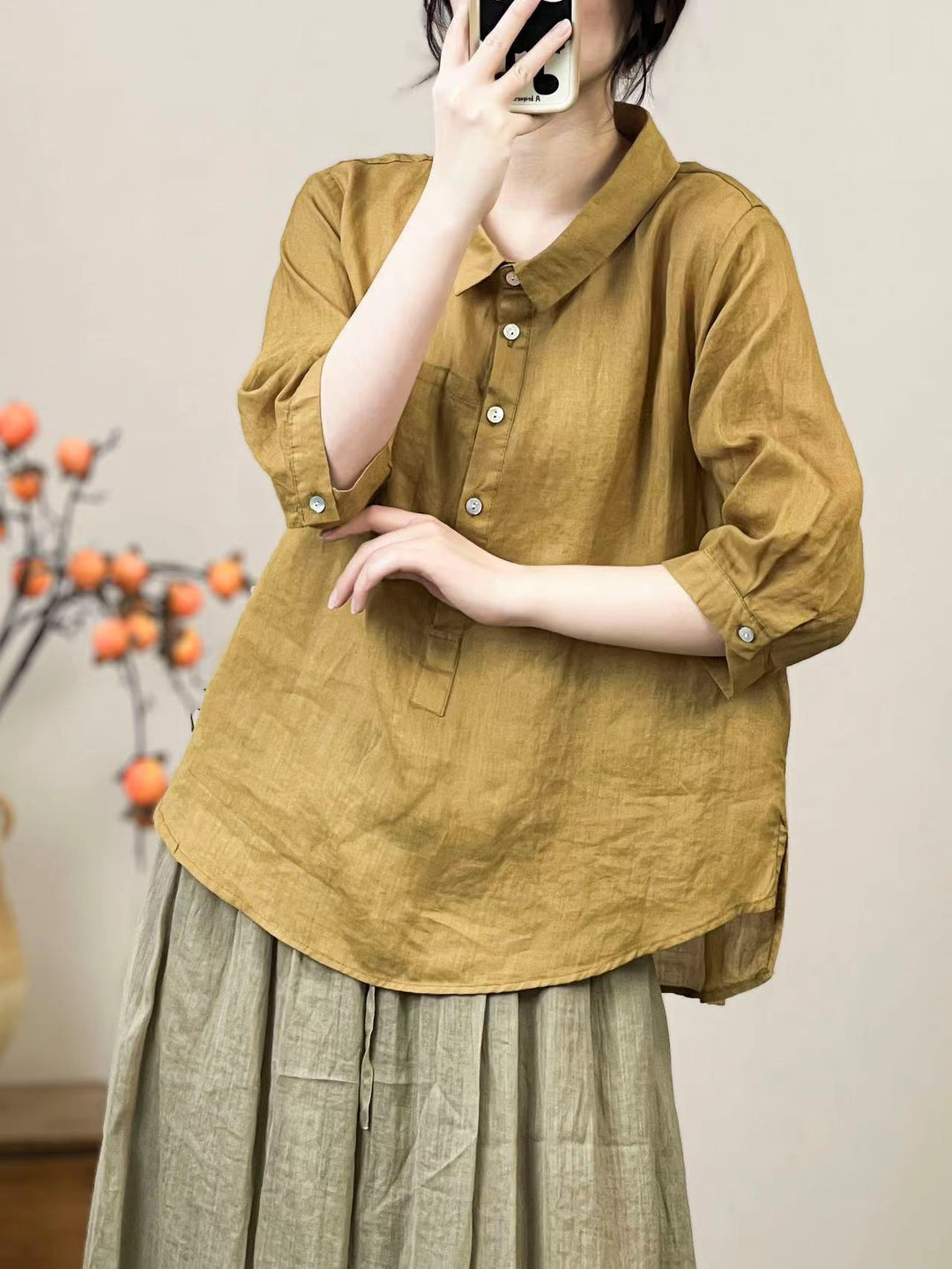 Summer Women Solid Color Retro Linen Shirt