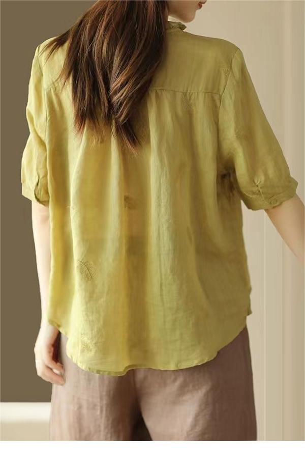 Casual Ramie Embroidered Shirt Short Sleeve