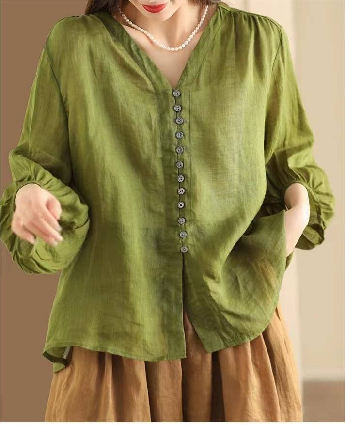 Green Ramie V-neck Blouse Short Sleeve