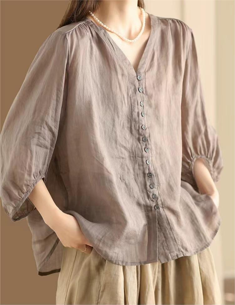 Green Ramie V-neck Blouse Short Sleeve