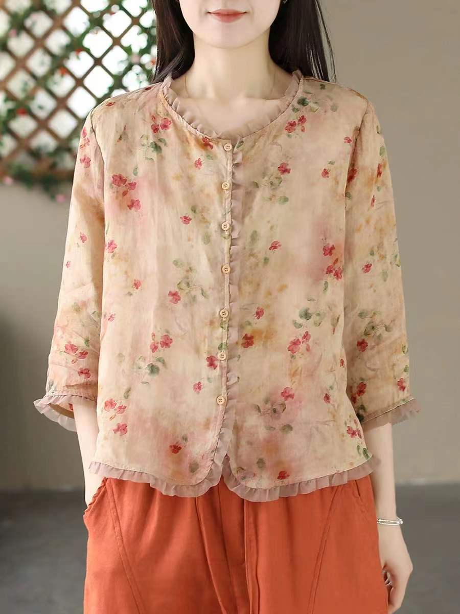 Floral Printed Ramie Short Sleeve Blouse