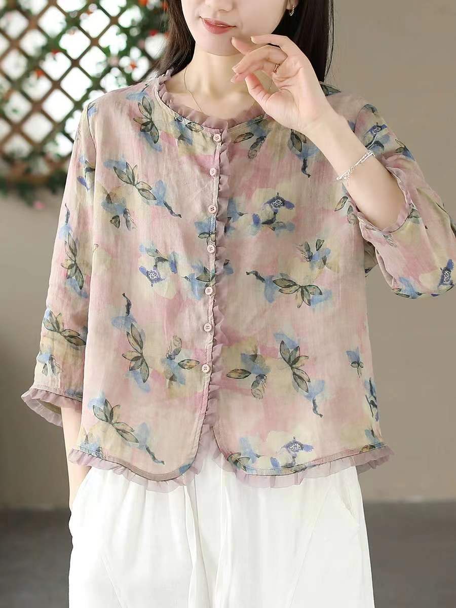 Floral Printed Ramie Short Sleeve Blouse