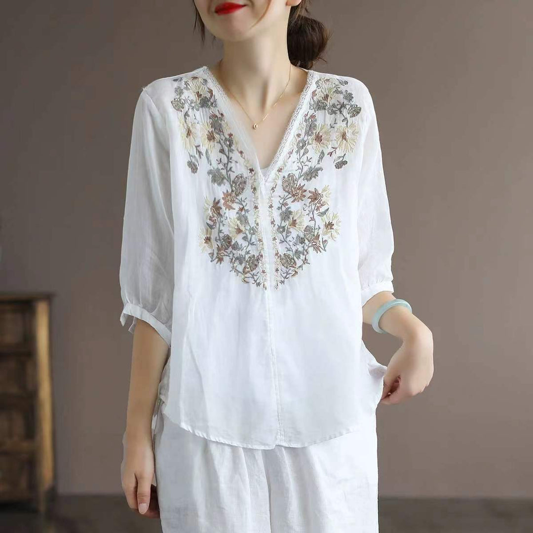 Light Blue Floral Embroidery V-Neck Blouse Short Sleeve