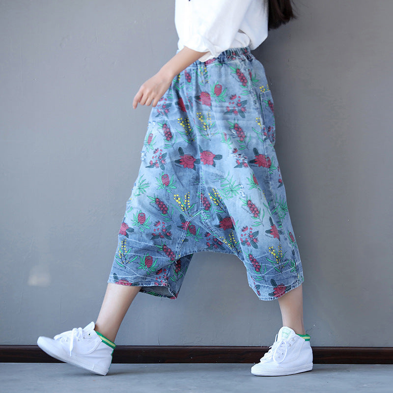 Retro Printed Loose Denim Pants