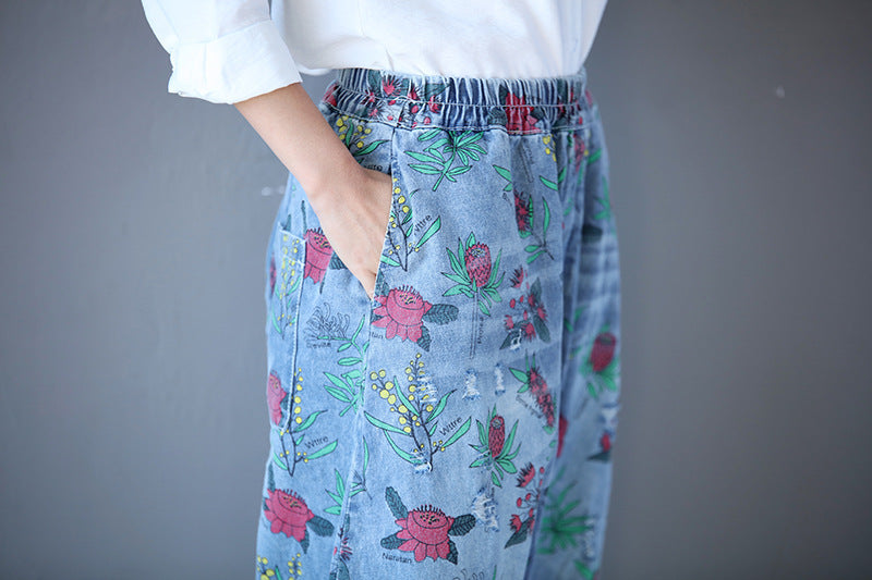 Retro Printed Loose Denim Pants