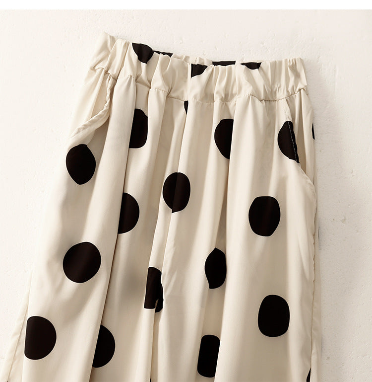 White Summer Polka-dot Print Elastic Waist Pants