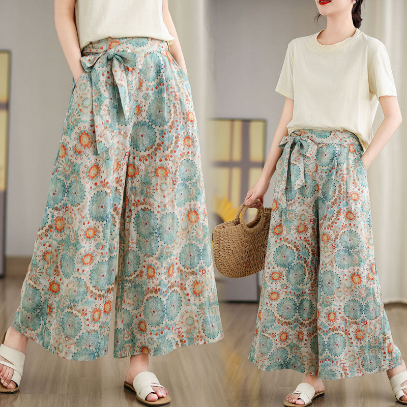 Women Cotton Linen Floral Print Wide-Leg Pants