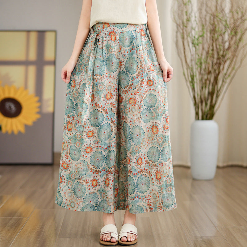 Women Cotton Linen Floral Print Wide-Leg Pants