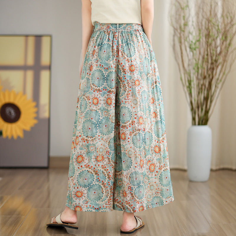 Women Cotton Linen Floral Print Wide-Leg Pants