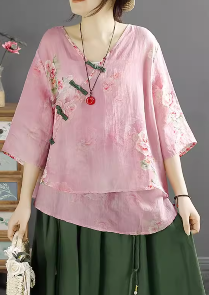 Women Retro Floral Printed Linen Summer Blouse