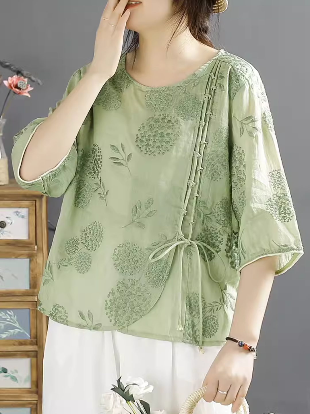 Women Retro Embroidered Linen Summer Blouse Short Sleeve