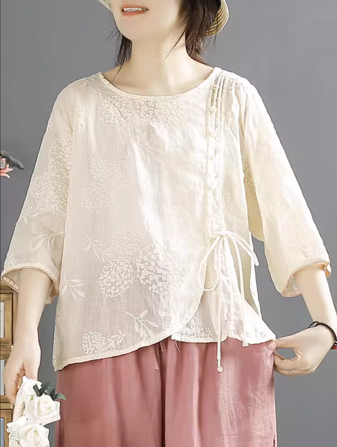Women Retro Embroidered Linen Summer Blouse Short Sleeve