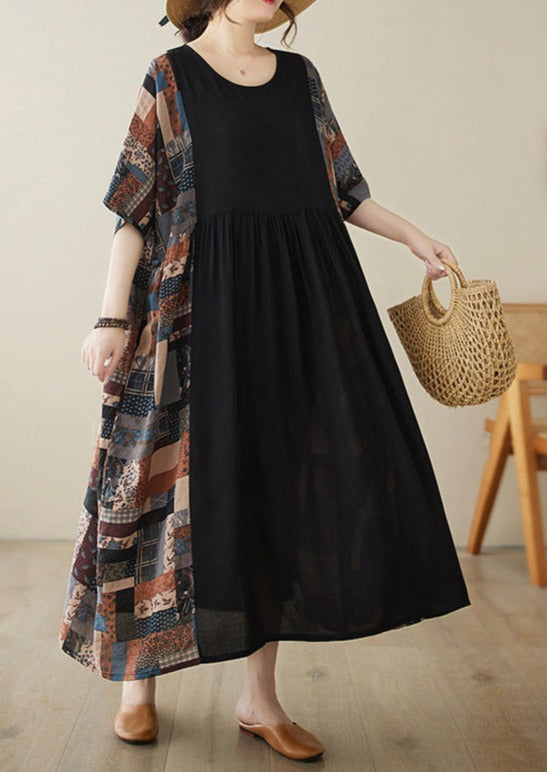 2024 Loose Black Summer Cotton Dress Short Sleeve