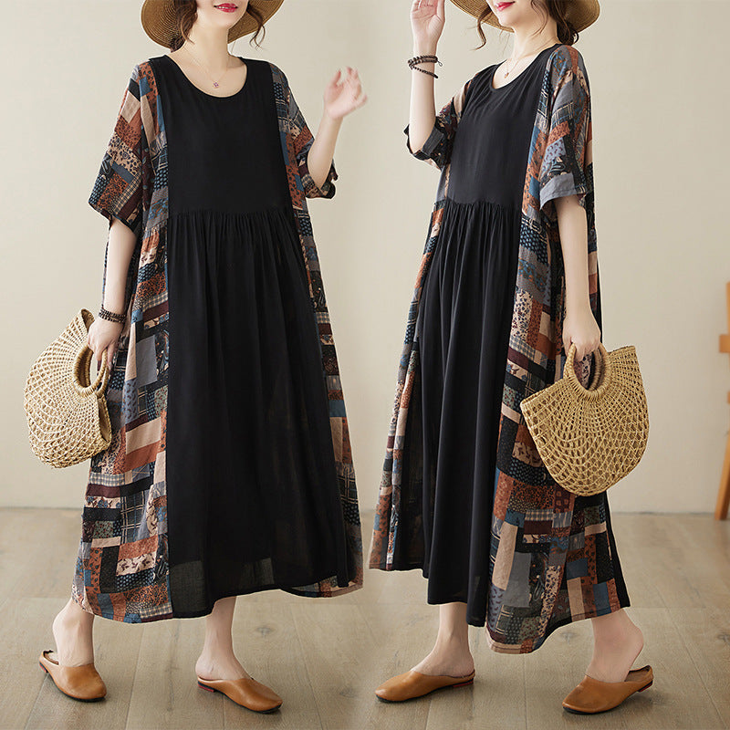 2024 Loose Black Summer Cotton Dress Short Sleeve