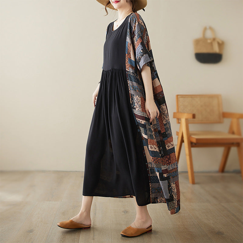 2024 Loose Black Summer Cotton Dress Short Sleeve