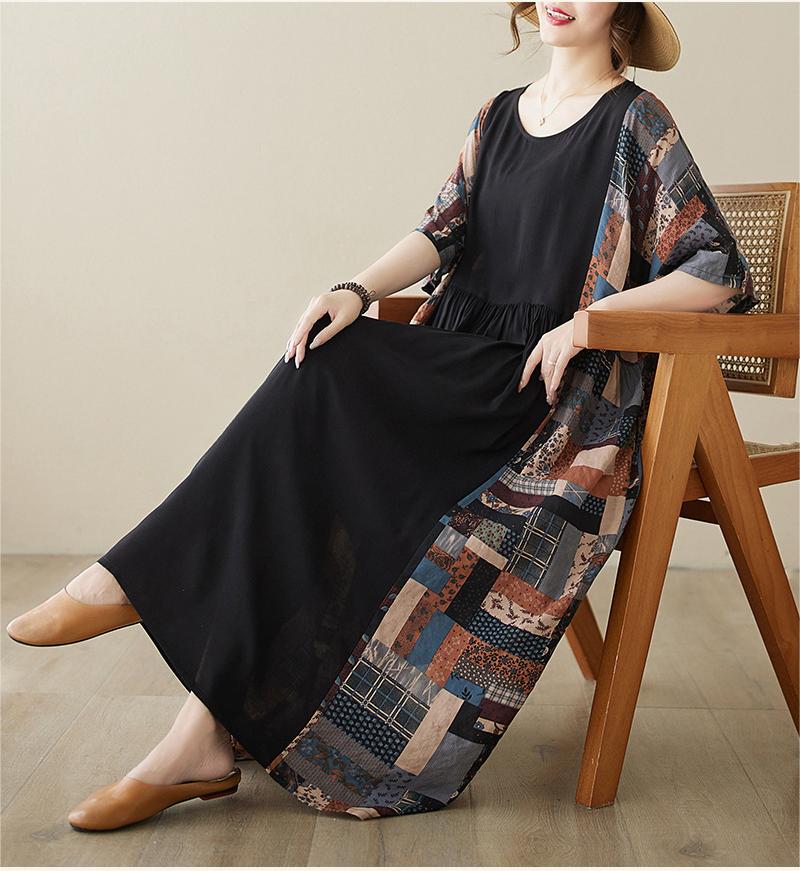 2024 Loose Black Summer Cotton Dress Short Sleeve