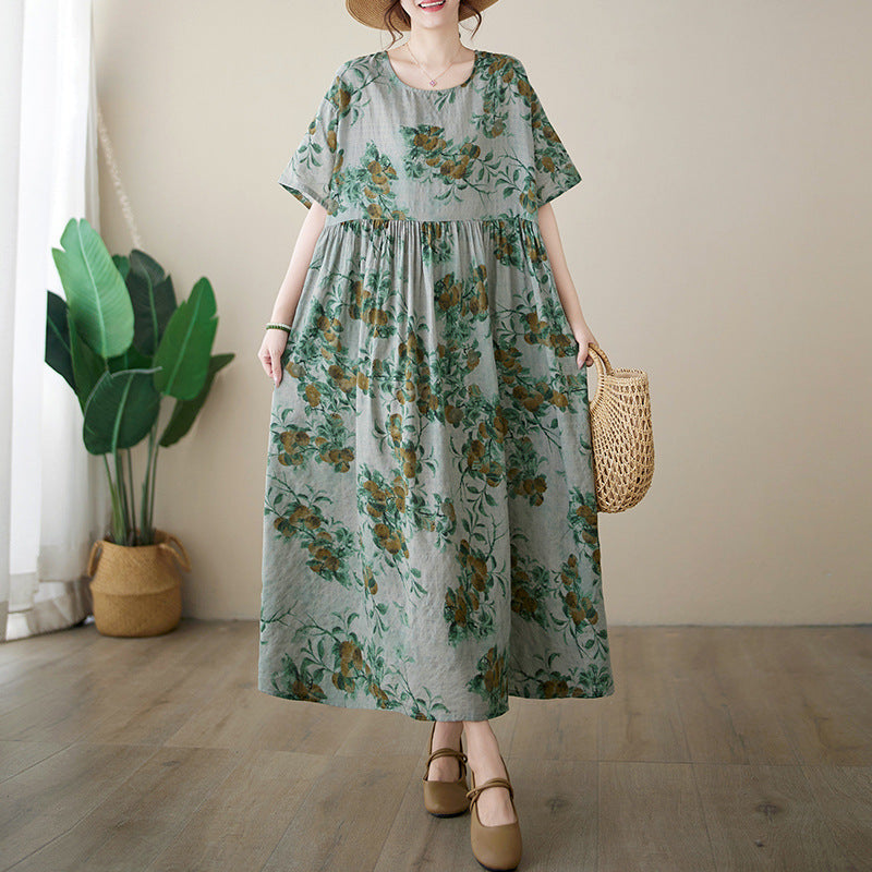 Casual Green Print Loose Summer Cotton Dress Short Sleeve