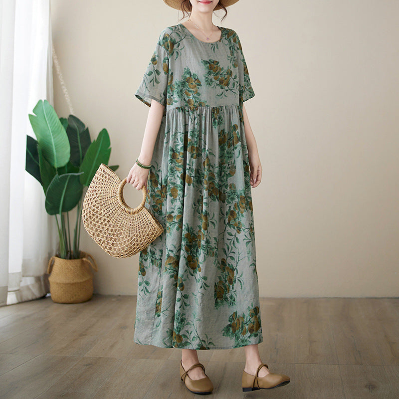 Casual Green Print Loose Summer Cotton Dress Short Sleeve