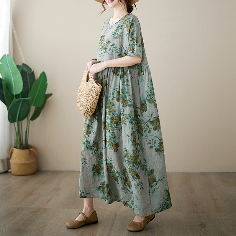 Casual Green Print Loose Summer Cotton Dress Short Sleeve