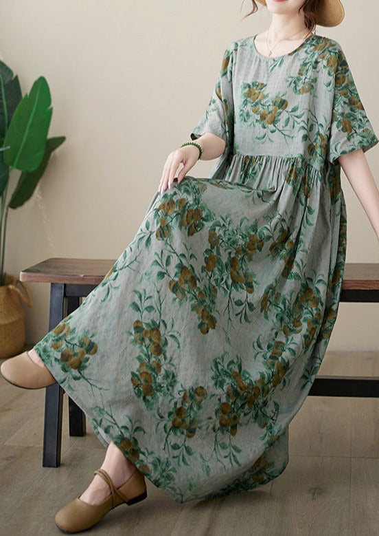 Casual Green Print Loose Summer Cotton Dress Short Sleeve