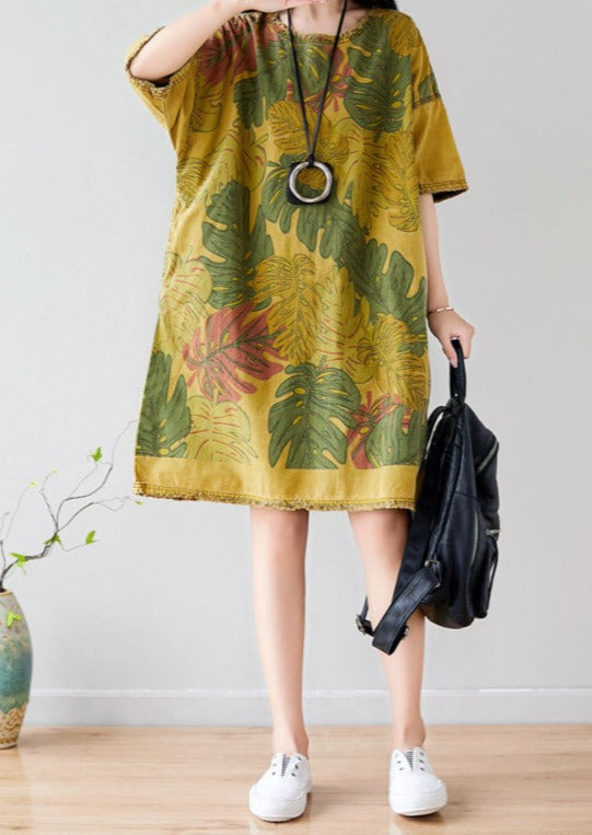 Summer Casual Floral Printed Cotton T-Shirt Dress