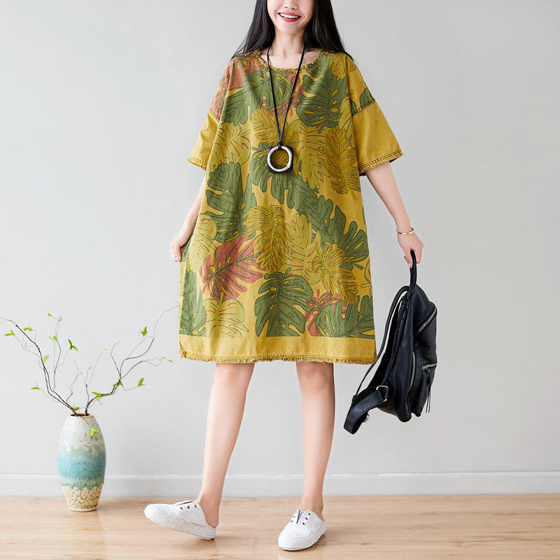 Summer Casual Floral Printed Cotton T-Shirt Dress