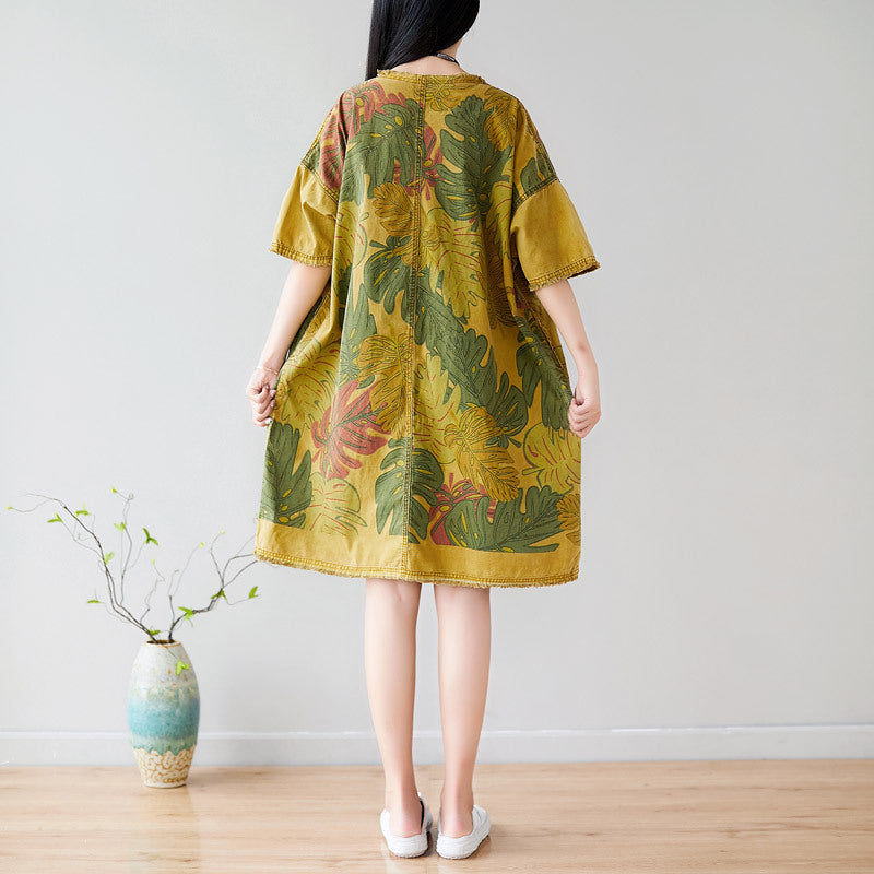 Summer Casual Floral Printed Cotton T-Shirt Dress