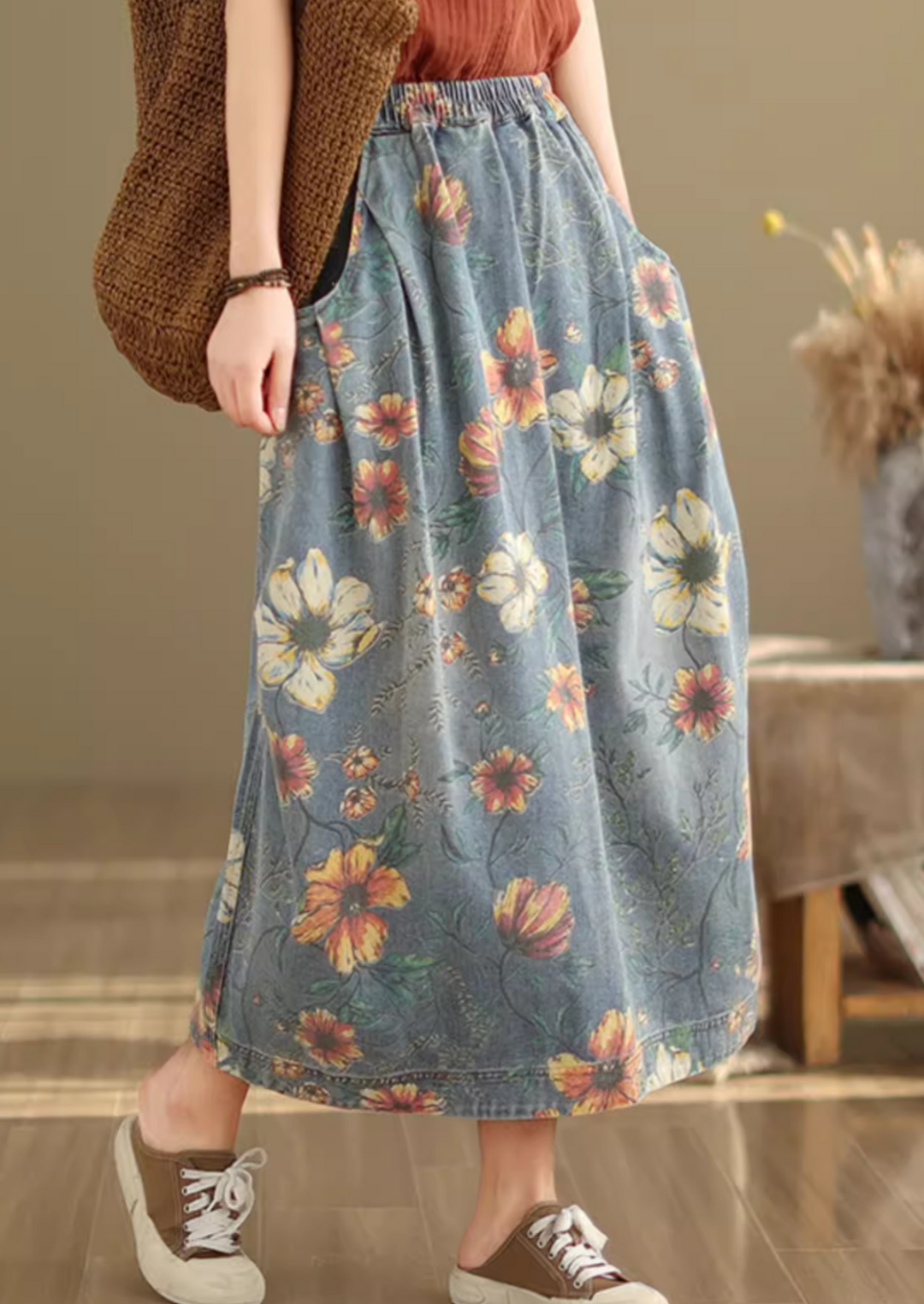 Summer Retro Floral Printed Casual Denim Skirt