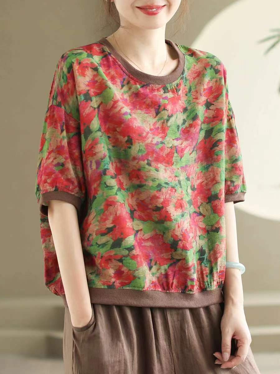 Red Summer Linen Retro Floral Printed Tops Half Sleeve