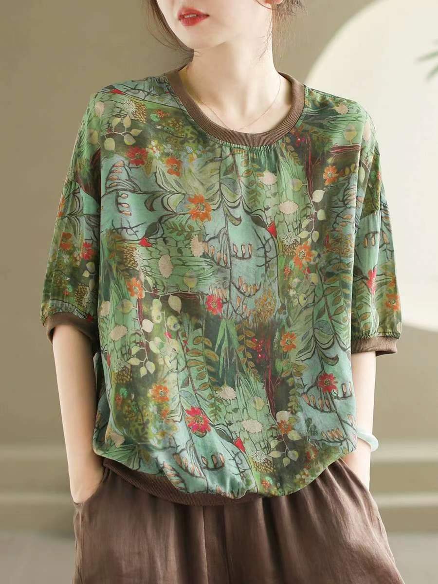 Red Summer Linen Retro Floral Printed Tops Half Sleeve