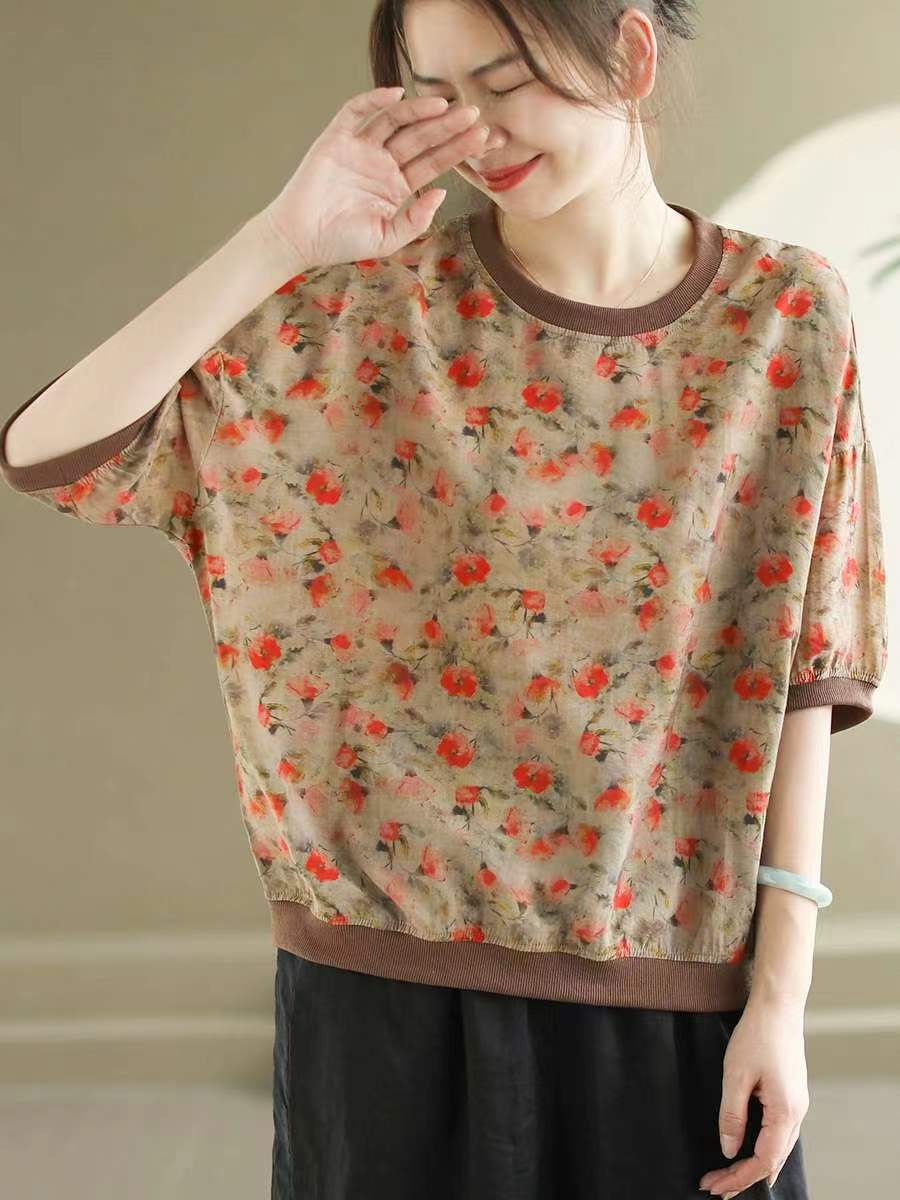 Red Summer Linen Retro Floral Printed Tops Half Sleeve