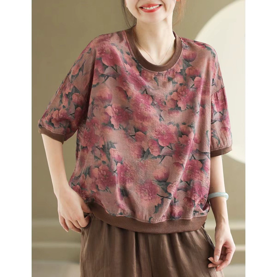 Red Summer Linen Retro Floral Printed Tops Half Sleeve