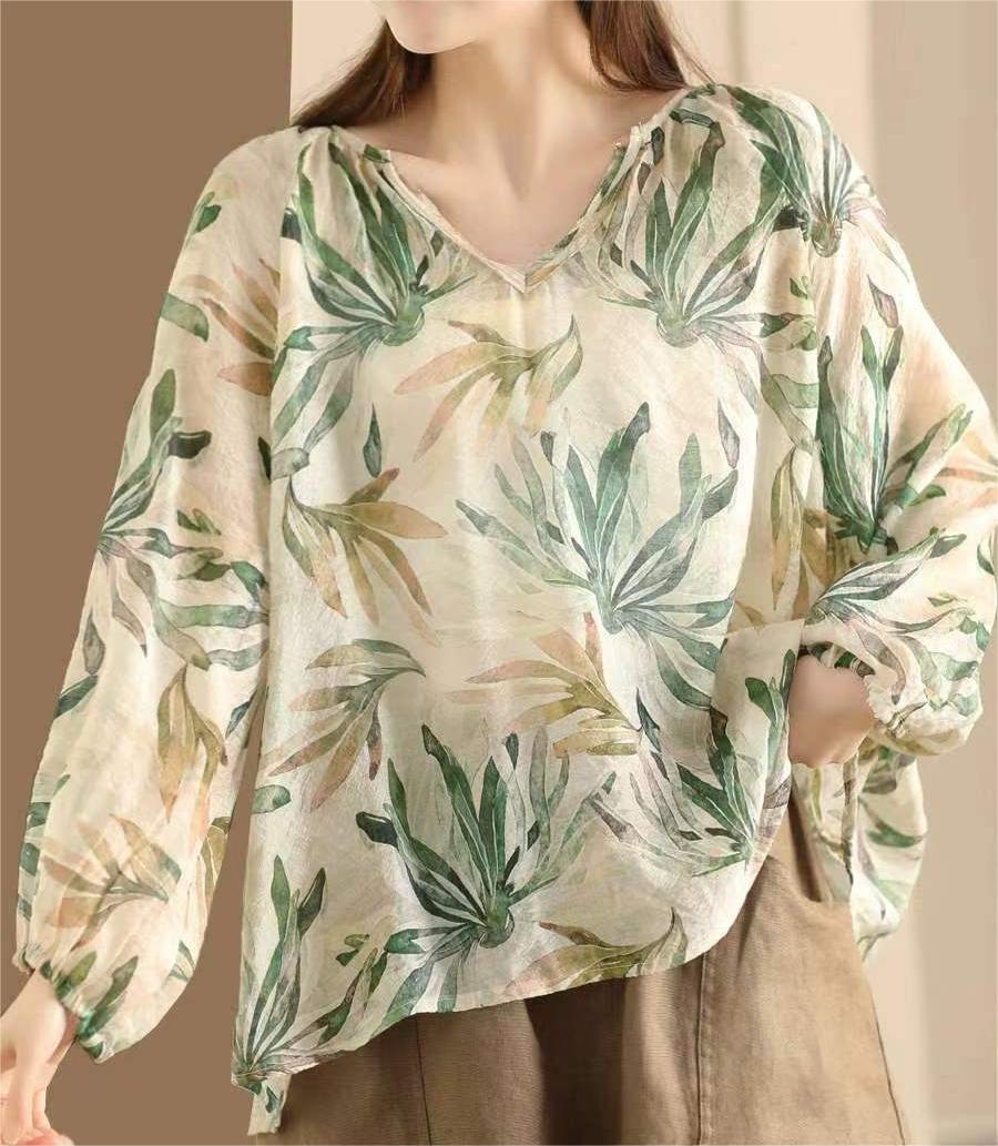 Green Summer Linen Retro Floral Printed Shirt