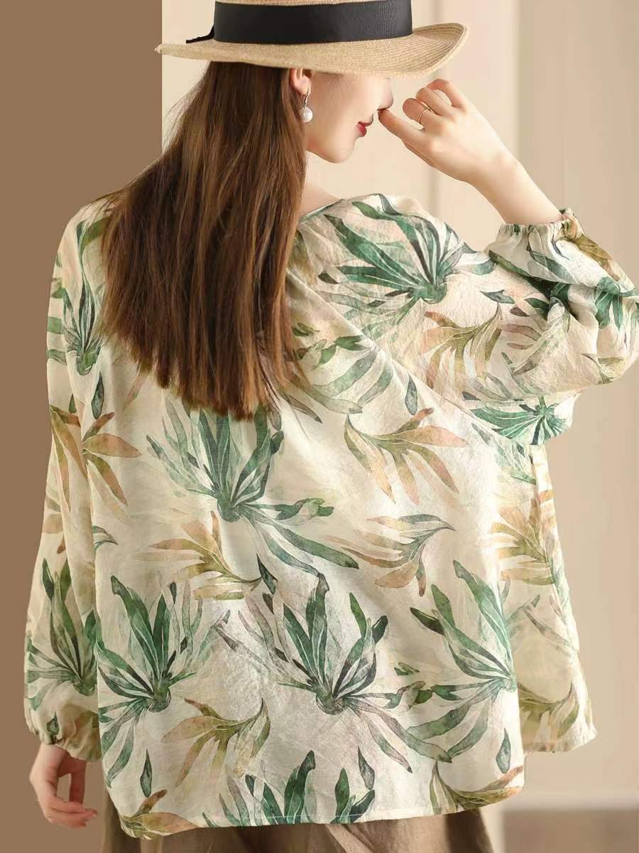 Green Summer Linen Retro Floral Printed Shirt