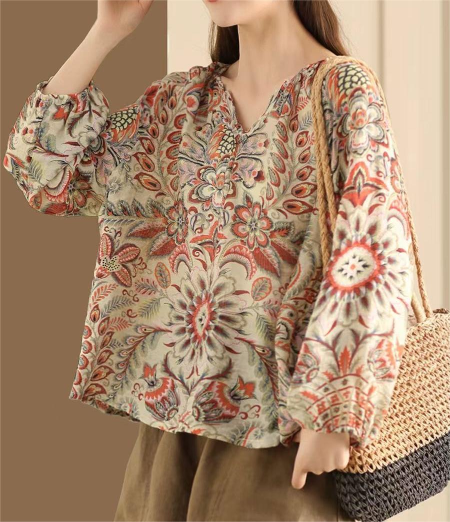 Green Summer Linen Retro Floral Printed Shirt