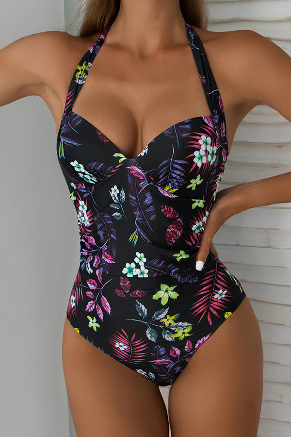 Floral Print Halter Backless One-Piece Swimsuit