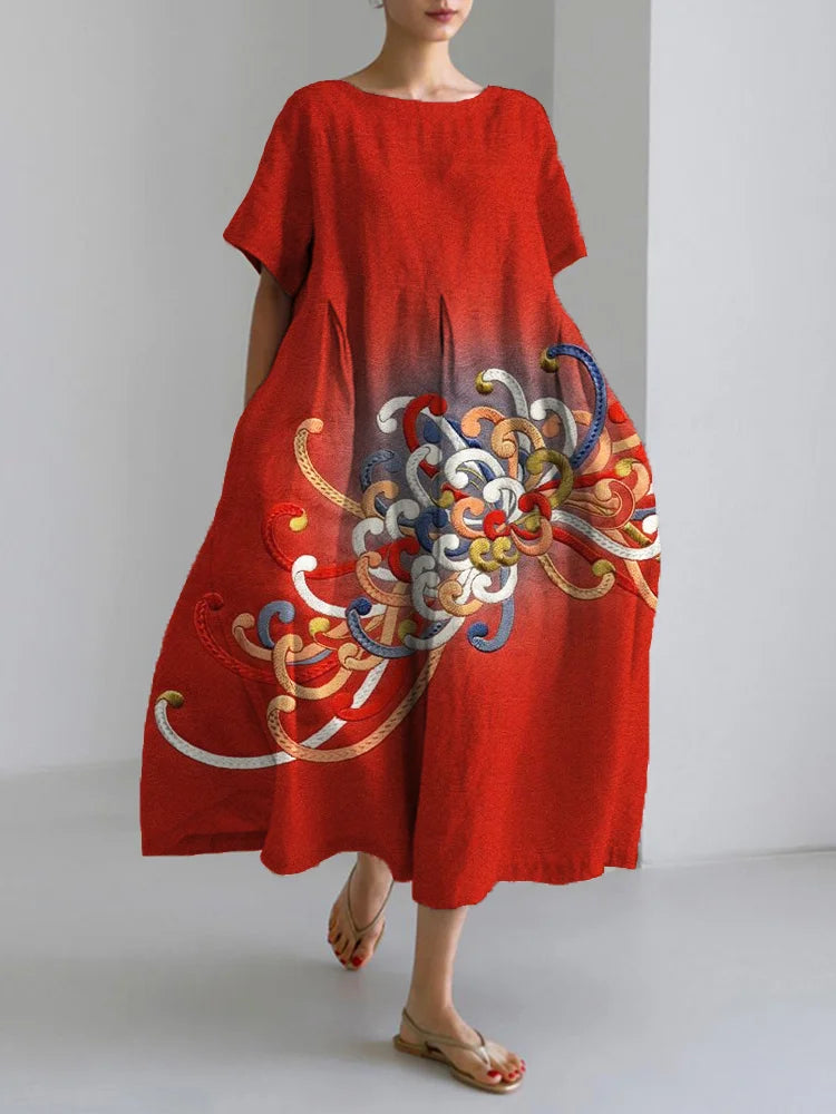 Red Chrysanthemum Flower Print Art Blend Maxi Dress