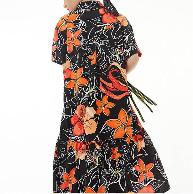 Black Floral Printed Summer Shirt Dress Short Sleeve