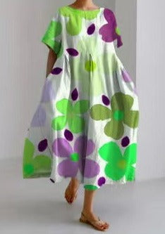 Green Purple Flower Cotton Dresses Pockets Patchwork Summer