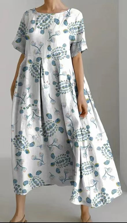 Stone Blue Cotton Dresses Pockets Patchwork Summer