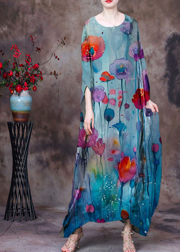 Loose Blue Flower O-Neck Asymmetrical Design Print Silk Beach Dress Gown Batwing Sleeve