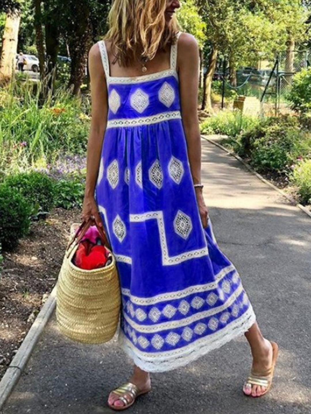 Yellow Square Neck Boho Print Tank Maxi Dress