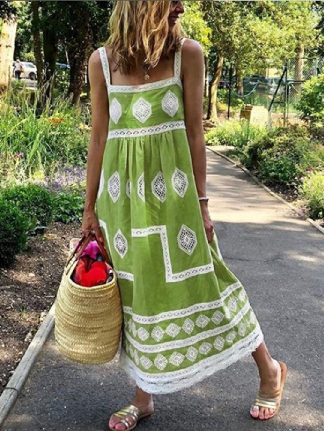 Yellow Square Neck Boho Print Tank Maxi Dress