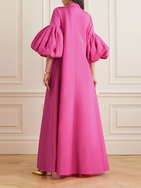 Loose Flower Shape Solid Color Stand Collar Lantern Sleeves Maxi Dresses