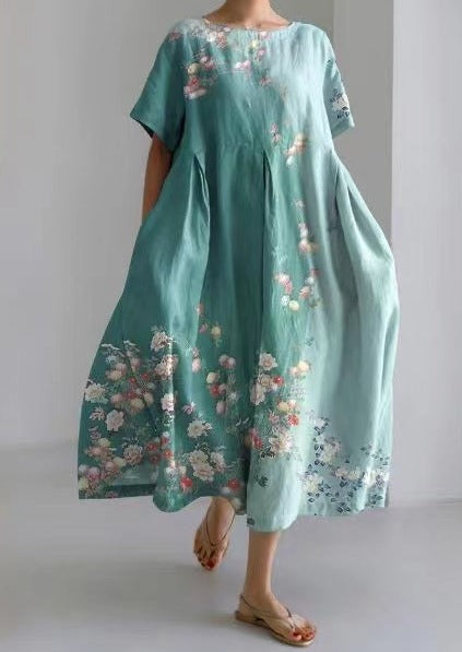 Water Blue Print Cotton Dresses Pockets Patchwork Summer