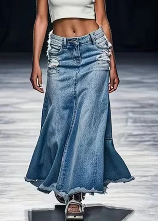 New Blue Hole Pockets High Waist Denim Maxi Skirts