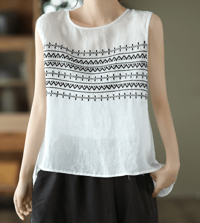 Gray Printed Women Artistic Ramie Sleeveless Top