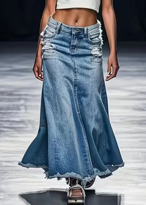 New Blue Hole Pockets High Waist Denim Maxi Skirts