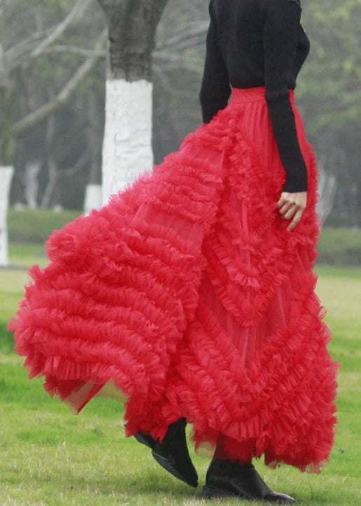 Italian Pink Ruffled High Waist Tulle Skirts Fall