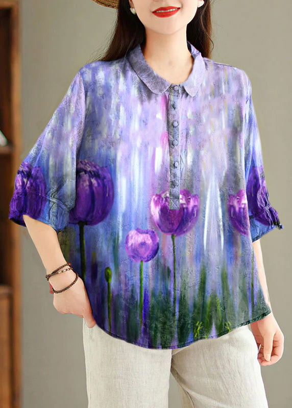 Purple Flowers Button Print Linen Blouses Peter Pan Collar Summer